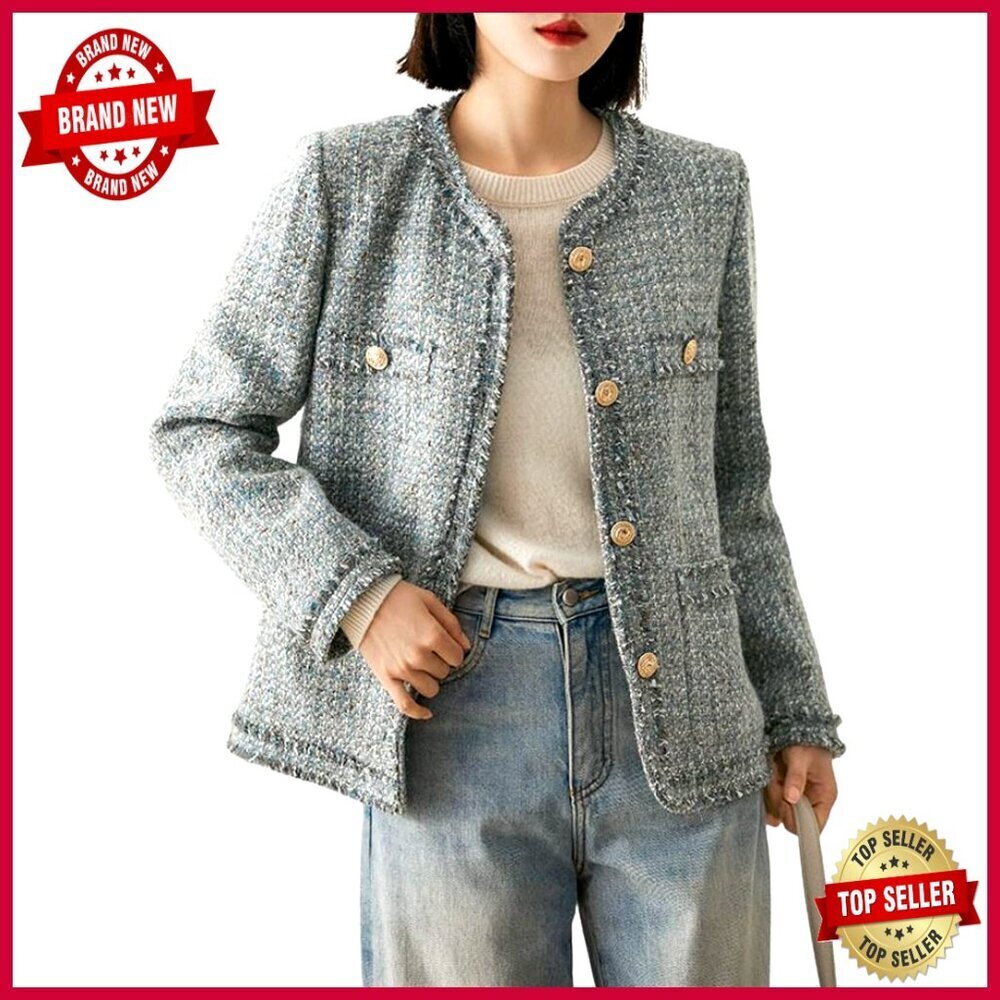 Tweed Blazer Jacket Collarless Button Down Office Work Casual Fall